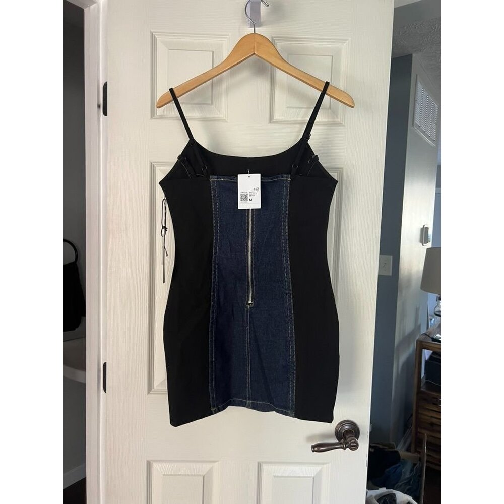 Forever 21 Dark Denim Paneled Mini Dress Black Corset Style Adjustable Straps M - Picture 4 of 7